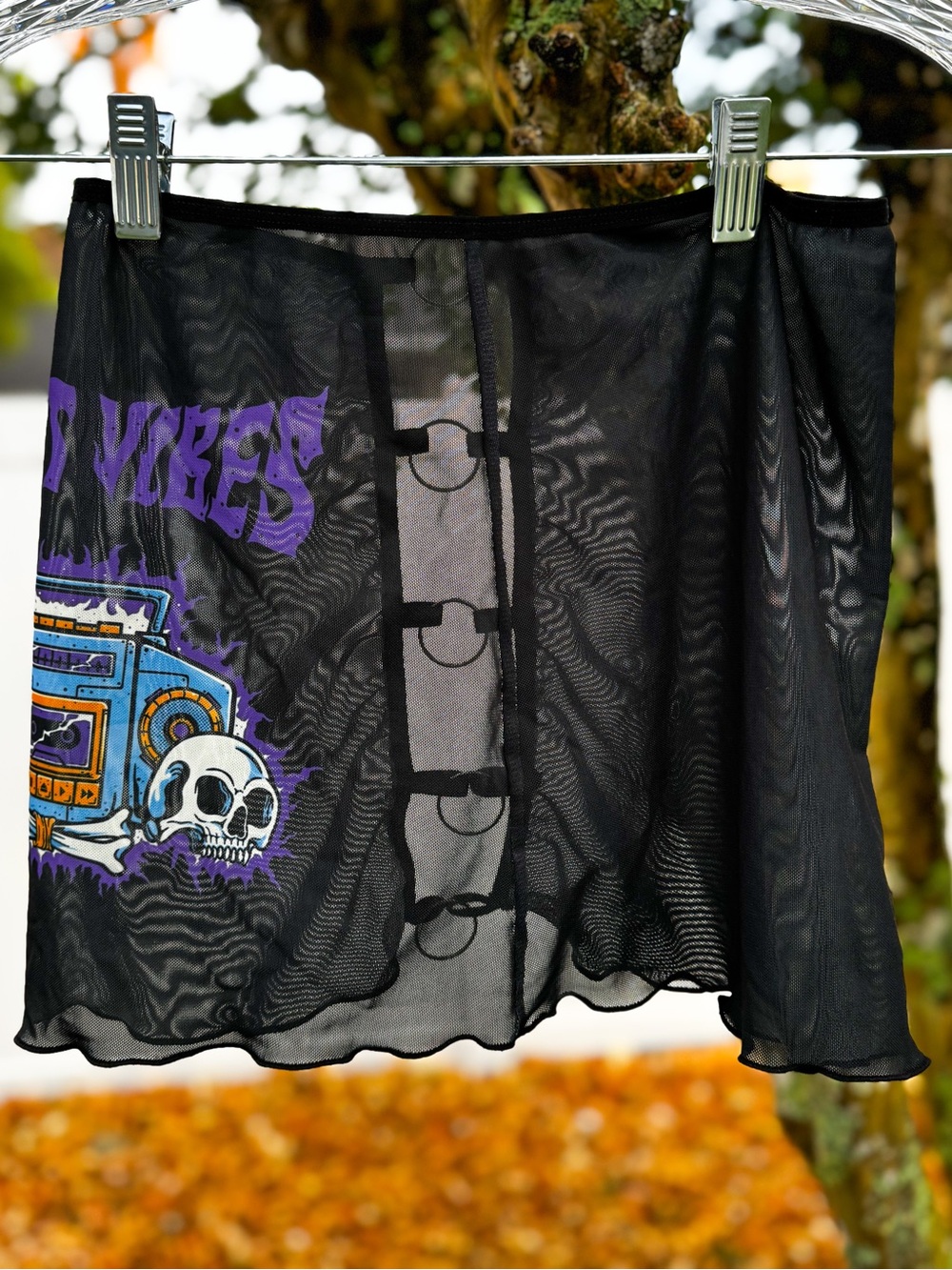 Y2K Sheer Mesh Graphic Mini Skirt Peekaboo Ring Back Goth Rave XS S